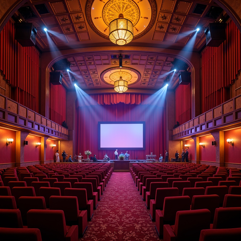 Prompt: Vibrant auditorium interior, bold color scheme, contrasting warm and cool tones, dynamic lighting design, LED stage lights, rich wood accents, plush red velvet seats, ornate gold details, grand chandelier, high ceiling, sweeping arches, dramatic shadows, 1/2 composition, cinematic atmosphere, realistic textures, ambient occlusion.