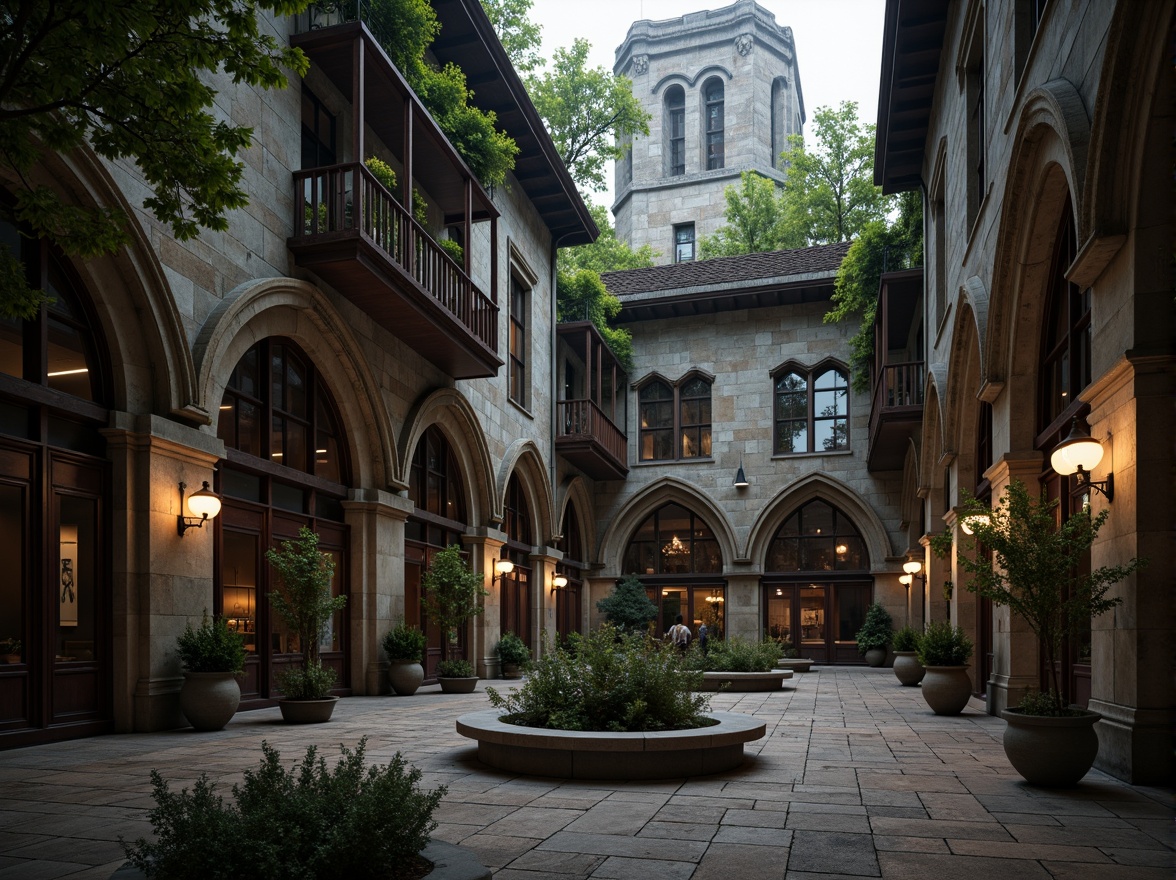 Prompt: Rustic university campus, weathered stone walls, intricately carved Gothic arches, ornate stone facades, moss-covered towers, grand hallways, high ceilings, stained glass windows, rich wood accents, mysterious ambient lighting, dramatic shadows, cinematic composition, shallow depth of field, atmospheric perspective, detailed stone textures, realistic wear and tear.