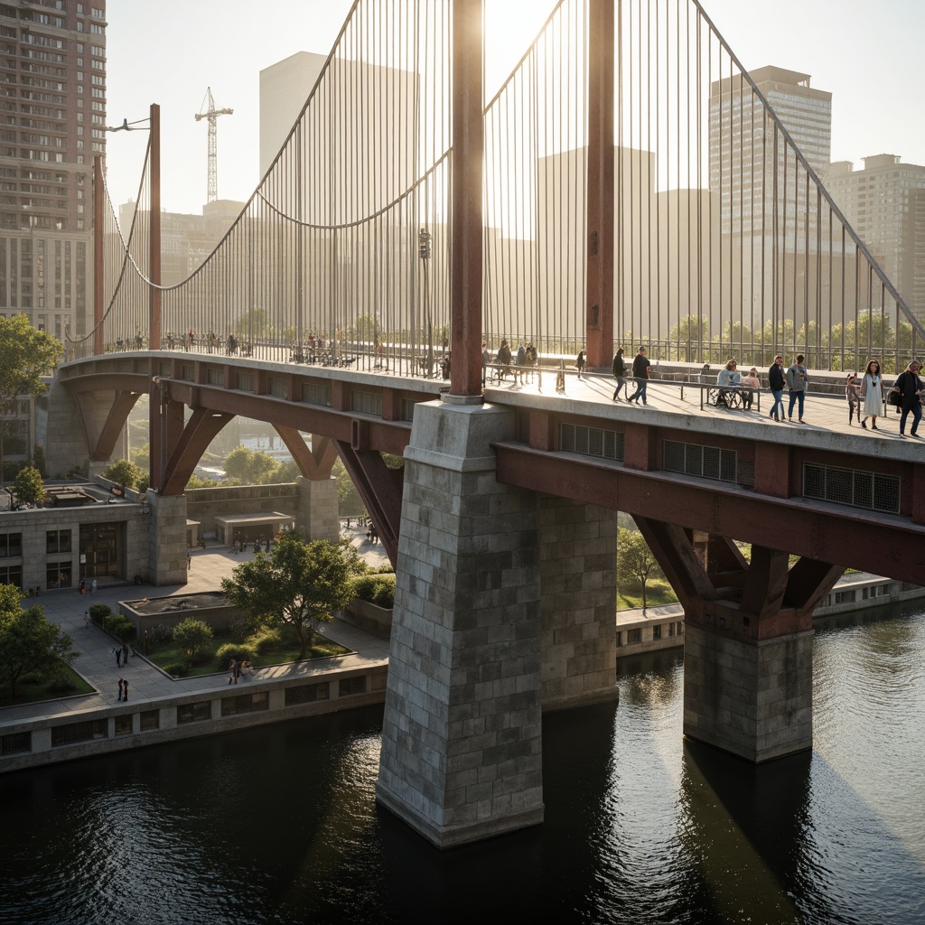 Prompt: Rustic steel arches, weathered concrete piers, suspension cables, modern bridge architecture, urban cityscape, misty morning, soft golden lighting, shallow depth of field, 1/2 composition, realistic textures, ambient occlusion, durable materials, high-strength concrete, corrosion-resistant steel, sustainable construction methods, eco-friendly infrastructure development.