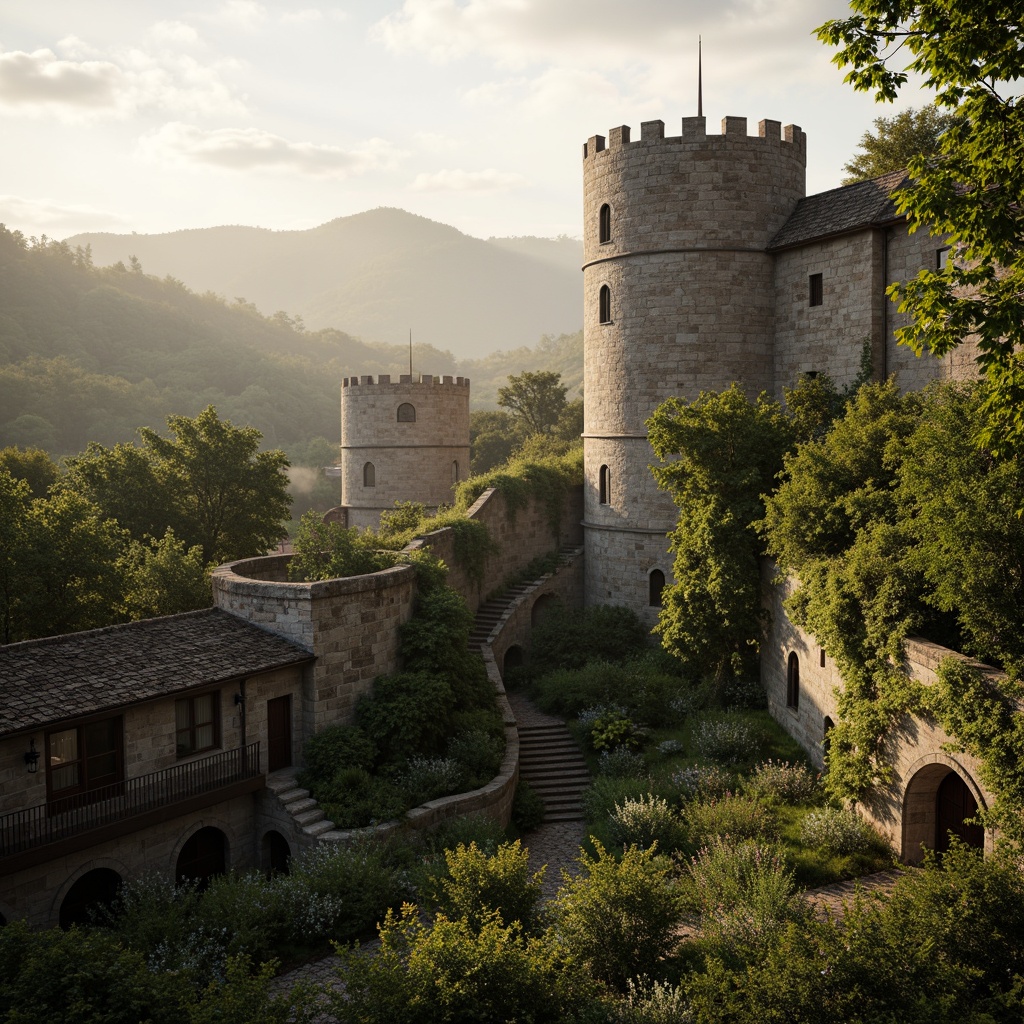 Prompt: Majestic watching tower, ancient stone walls, crumbling battlements, lush green ivy, wildflowers, moss-covered roofs, winding staircases, lanterns, Gothic arches, medieval-inspired architecture, rolling hills, serene countryside, misty morning, warm golden lighting, shallow depth of field, 1/2 composition, atmospheric perspective, realistic textures, ambient occlusion.