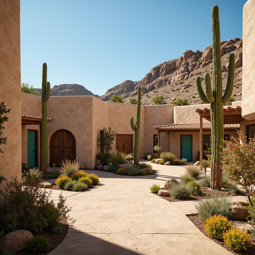 Prompt: Earth-toned adobe buildings, sandy beige walls, turquoise accents, vibrant cactus flowers, rusty metal details, weathered wooden doors, warm terracotta roofs, arid desert landscape, clear blue skies, hot sunny day, dramatic shadows, soft warm lighting, shallow depth of field, 3/4 composition, panoramic view, realistic textures, ambient occlusion.