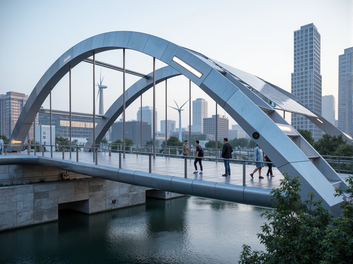 Prompt: Futuristic high-tech bridge, sleek metallic arches, LED lighting strips, gleaming glass railings, solar panel canopies, wind turbine generators, hydroelectric power systems, eco-friendly concrete foundations, recycled steel structures, minimalist modern design, urban cityscape backdrop, misty morning atmosphere, soft natural light, shallow depth of field, 1/1 composition, realistic metallic textures, ambient occlusion.