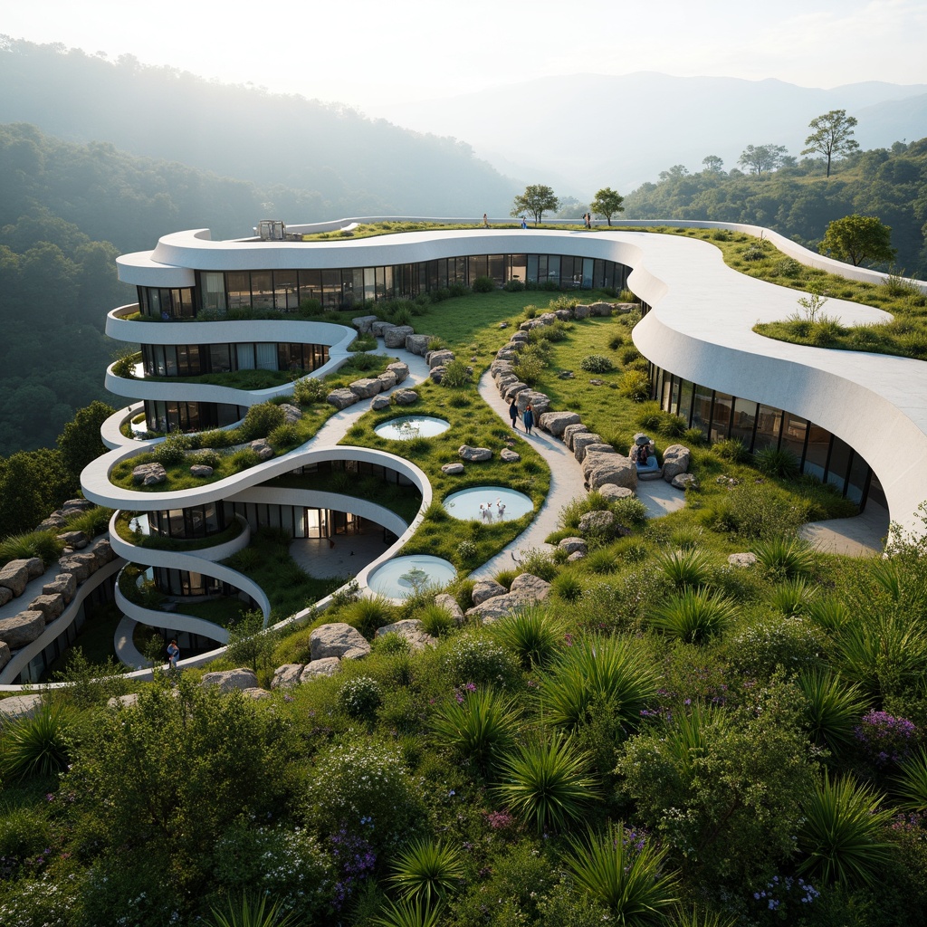 Prompt: Vibrant green roof, lush vegetation, natural stone fa\u00e7ade, curved lines, futuristic architecture, sleek metal structures, transparent glass walls, cantilevered seating areas, panoramic views, mountainous backdrop, misty atmosphere, soft warm lighting, 3/4 composition, realistic textures, ambient occlusion.