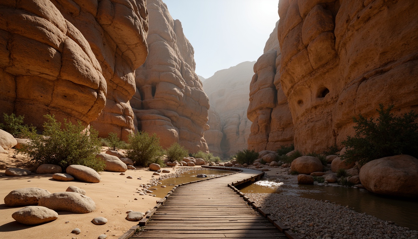 Prompt: Rustic canyon landscape, eroded rock formations, sandy riverbeds, weathered wooden bridges, natural stone pathways, earthy tones, organic textures, rough-hewn boulders, meandering trails, dramatic skies, warm golden light, soft atmospheric haze, 1/2 composition, cinematic view, realistic rock normals, ambient occlusion.