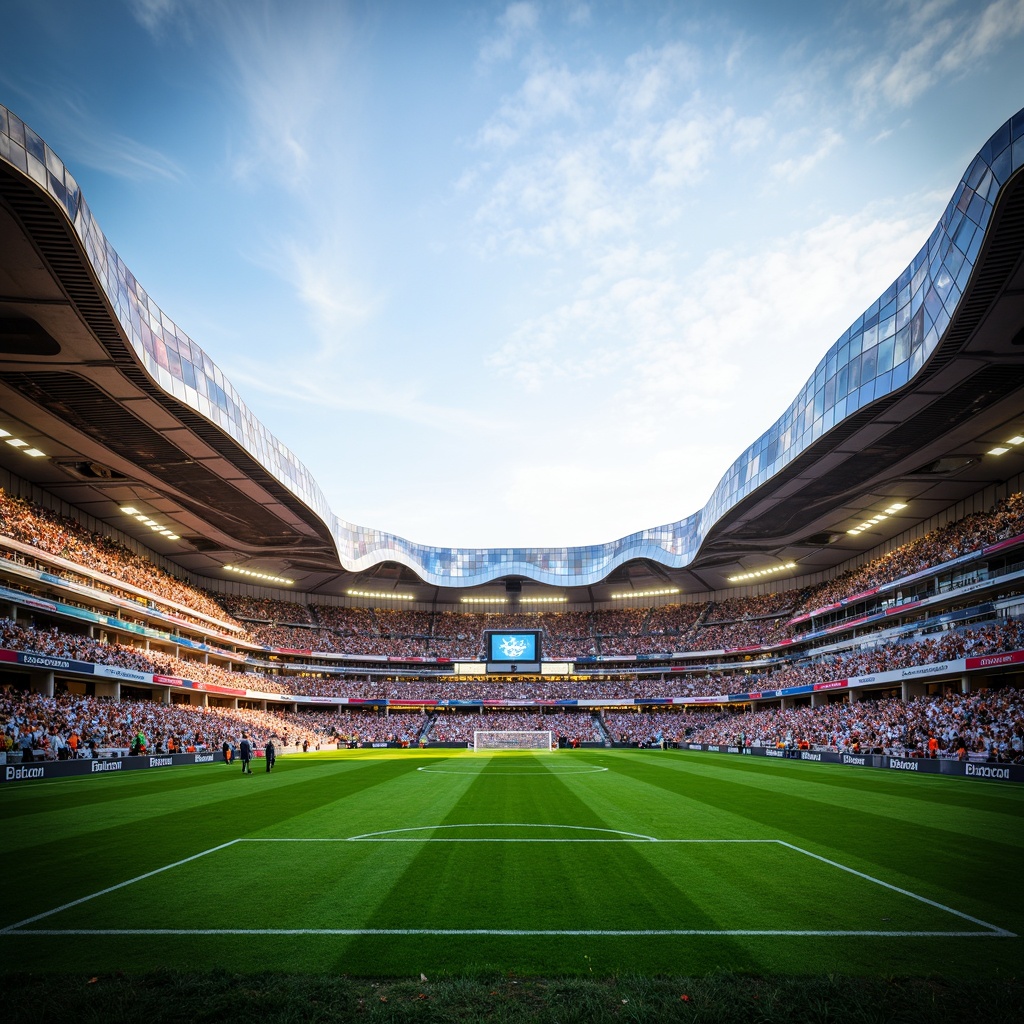 Prompt: Undulating soccer stadium, flowing curves, organic shapes, translucent roof, iridescent fa\u00e7ade, parametric design, futuristic architecture, sleek metal structures, glowing LED lights, vibrant team colors, lush green grass, dynamic crowd atmosphere, sunny day, soft warm lighting, shallow depth of field, 3/4 composition, panoramic view, realistic textures, ambient occlusion.