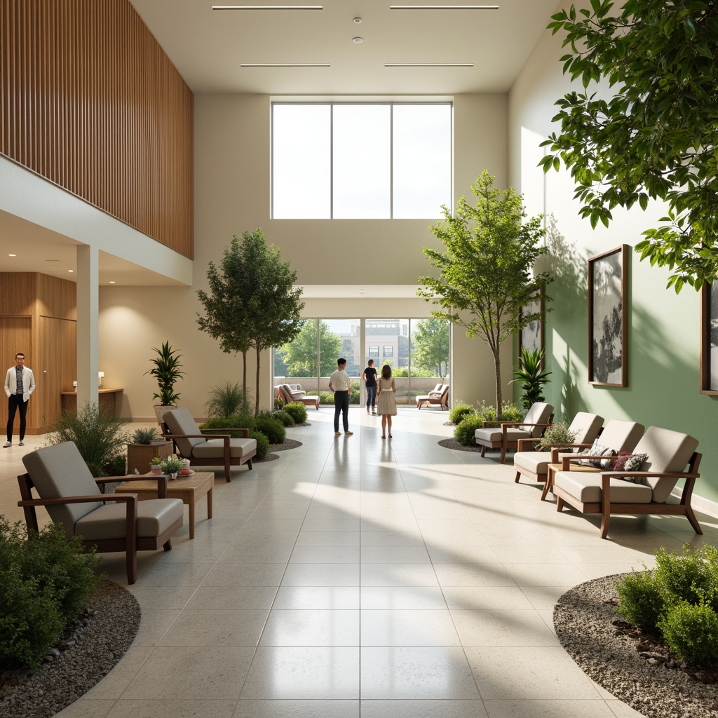 Prompt: Welcoming hospital lobby, abundant natural light, warm wooden accents, comfortable waiting areas, soft cushioned chairs, calming water features, lush green walls, serene patient rooms, large windows, minimal ornamentation, pastel color schemes, gentle diffused lighting, shallow depth of field, 1/1 composition, realistic textures, ambient occlusion, subtle shading, soothing atmosphere.