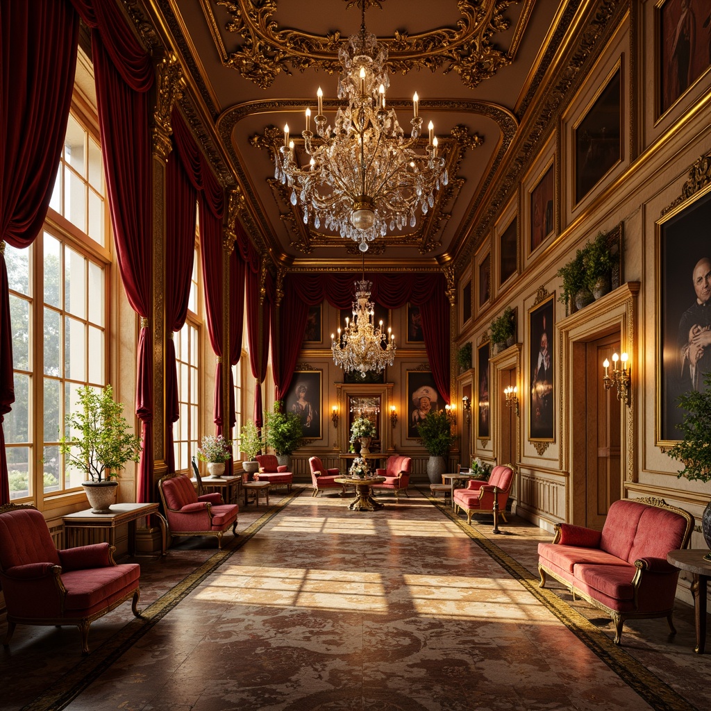 Prompt: Ornate palace interior, rich velvet drapes, intricate gold leafing, ornamental mirrors, lavish crystal chandeliers, carved wooden panels, marble flooring, gilded furniture, luxurious fabrics, heavy drapery, grandiose architectural details, dramatic lighting effects, warm golden tones, soft focus, shallow depth of field, 1/2 composition, symmetrical framing, realistic textures, ambient occlusion.