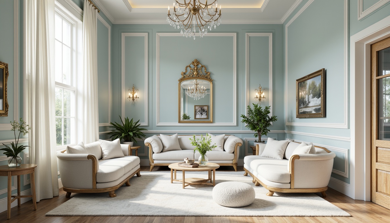 Prompt: Soft baby blue walls, creamy white trim, elegant gold accents, refined wood furniture, plush velvet upholstery, delicate lace curtains, ornate mirrors, sparkling crystal chandeliers, sophisticated modern architecture, sleek lines, minimalist decor, pastel color scheme, warm natural lighting, shallow depth of field, 1/1 composition, realistic textures, ambient occlusion.