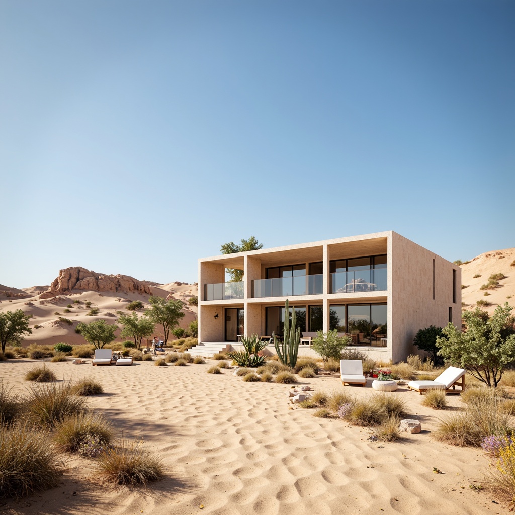 Prompt: Desert landscape, sandy dunes, cactus plants, hot sunny day, clear blue sky, vast open space, modern desert architecture, large windows, glass facades, clerestory windows, skylights, solar tubes, reflective metal surfaces, minimalist design, natural ventilation systems, passive cooling strategies, shading devices, overhangs, awnings, light-colored exterior finishes, thermal mass materials, insulated walls, green roofs, eco-friendly materials, Arabic-inspired patterns, vibrant colorful textiles, intricate geometric motifs, soft warm lighting, shallow depth of field, 3/4 composition, panoramic view, realistic textures, ambient occlusion.