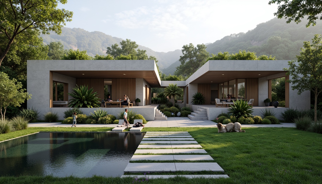 Prompt: Minimalist villas, seamless integration with natural surroundings, lush green roofs, living walls, floor-to-ceiling windows, sliding glass doors, organic curves, monochromatic color scheme, raw concrete textures, reclaimed wood accents, hidden LED lighting, ambient shadows, 1/1 composition, symmetrical framing, soft focus blur, misty morning atmosphere, subtle fog effects, gentle water features, meandering pathways, native plant species, rustling leaves sounds.