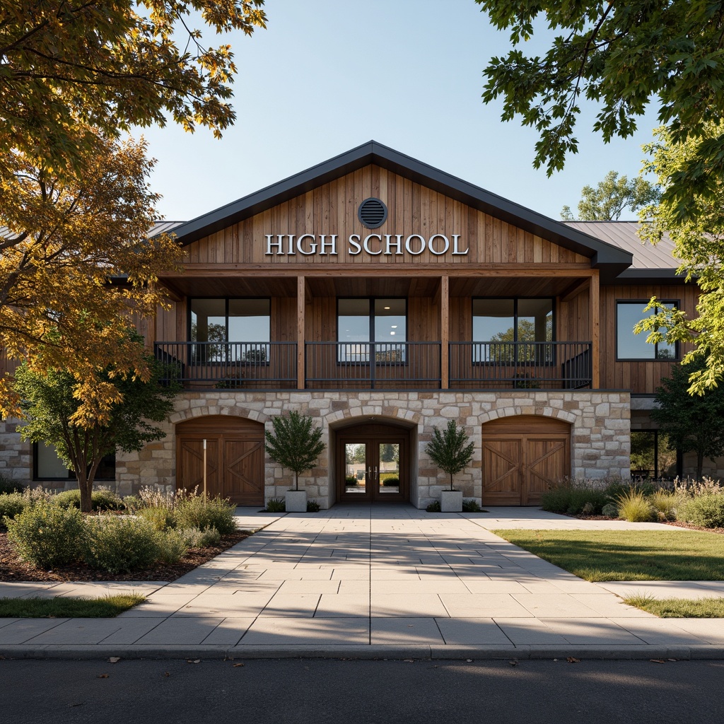 Prompt: Rustic high school building, earthy color palette, rough-hewn stone walls, wooden accents, metal roof withstanding seams, industrial-style windows, durable concrete foundations, weathered steel doors, natural wood signage, surrounding mature trees, shaded outdoor spaces, warm afternoon lighting, moderate depth of field, 2/3 composition, realistic textures, ambient occlusion.