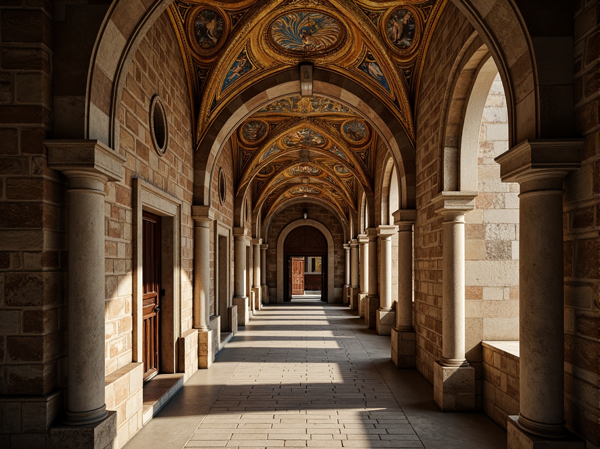 Prompt: Intricate archways, ornate columns, vaulted ceilings, golden mosaics, vibrant frescoes, majestic domes, grandiose entranceways, rustic stone walls, weathered brick facades, mystical ambiance, soft warm lighting, shallow depth of field, 3/4 composition, panoramic view, realistic textures, ambient occlusion.