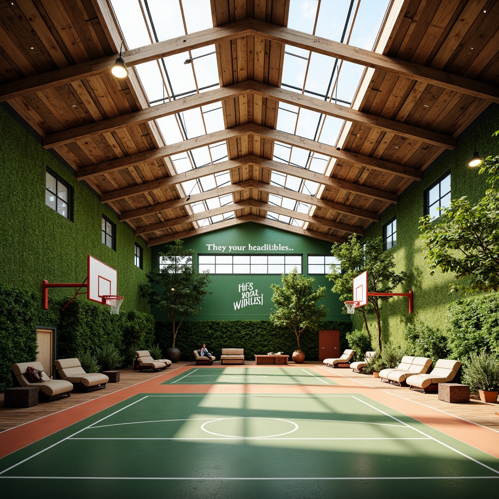 Prompt: Spacious gymnasium interior, lush green walls, natural ventilation systems, abundant skylights, clerestory windows, rustic wooden beams, recycled rubber flooring, eco-friendly materials, vibrant sports equipment, basketball hoops, tennis courts, athletic tracks, motivational quotes, inspirational murals, soft warm lighting, shallow depth of field, 3/4 composition, realistic textures, ambient occlusion.