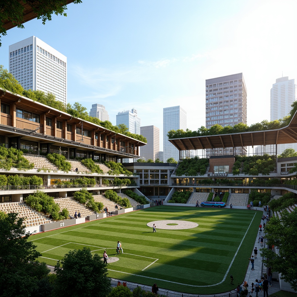 Prompt: Eco-friendly stadium, recycled materials, green roofs, solar panels, wind turbines, rainwater harvesting systems, natural ventilation, energy-efficient LED lighting, sustainable wood seating, recyclable food packaging, composting programs, urban gardening integration, living walls, native plant species, water conservation measures, low-carbon footprint, modern angular architecture, cantilevered rooflines, transparent fa\u00e7ades, panoramic city views, sunny day, soft warm lighting, shallow depth of field, 3/4 composition.