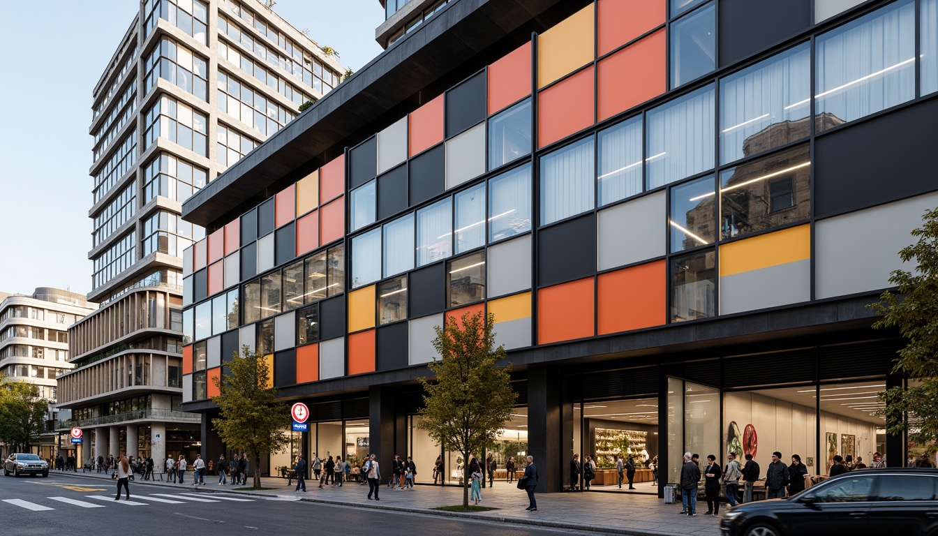 Prompt: Clean lines, rectangular forms, industrial materials, functional simplicity, bold typography, primary color accents, geometric patterns, steel frames, large windows, sliding glass doors, urban context, busy streets, morning light, soft shadows, shallow depth of field, 1/1 composition, realistic textures, ambient occlusion.