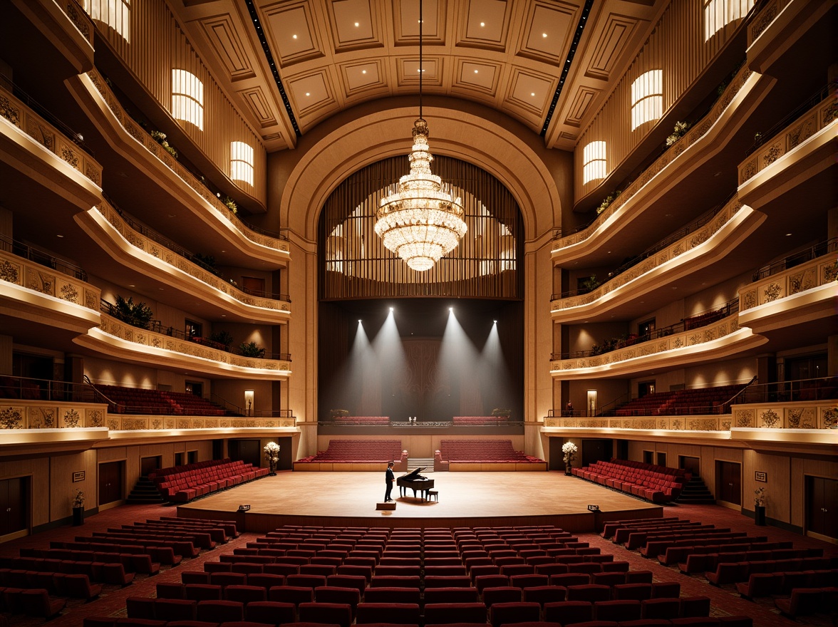 Prompt: Grand concert hall, elegant chandeliers, sweeping balconies, plush red seats, ornate gold details, spacious stage, professional lighting systems, acoustic panels, soundproofing materials, curved lines, symmetrical layout, high ceilings, grand piano, dramatic spotlights, warm atmospheric ambiance, shallow depth of field, 2/3 composition, panoramic view, realistic textures, ambient occlusion.