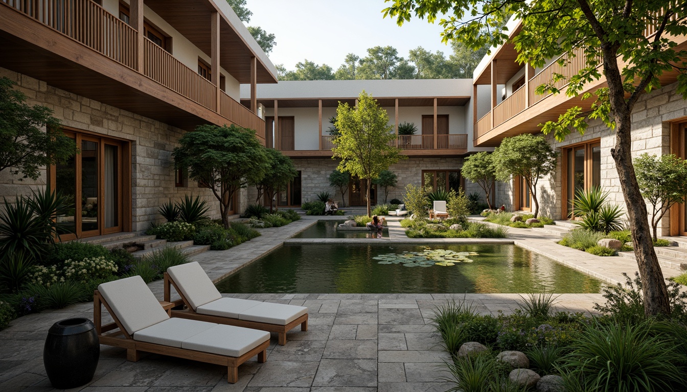 Prompt: Secluded monastery courtyard, lush greenery, tranquil water features, rustic stone walls, wooden accents, minimalist architecture, natural light, serene atmosphere, peaceful surroundings, communal living spaces, cozy private quarters, earthy color palette, organic textures, soft warm lighting, shallow depth of field, 3/4 composition, panoramic view, realistic renderings, ambient occlusion.