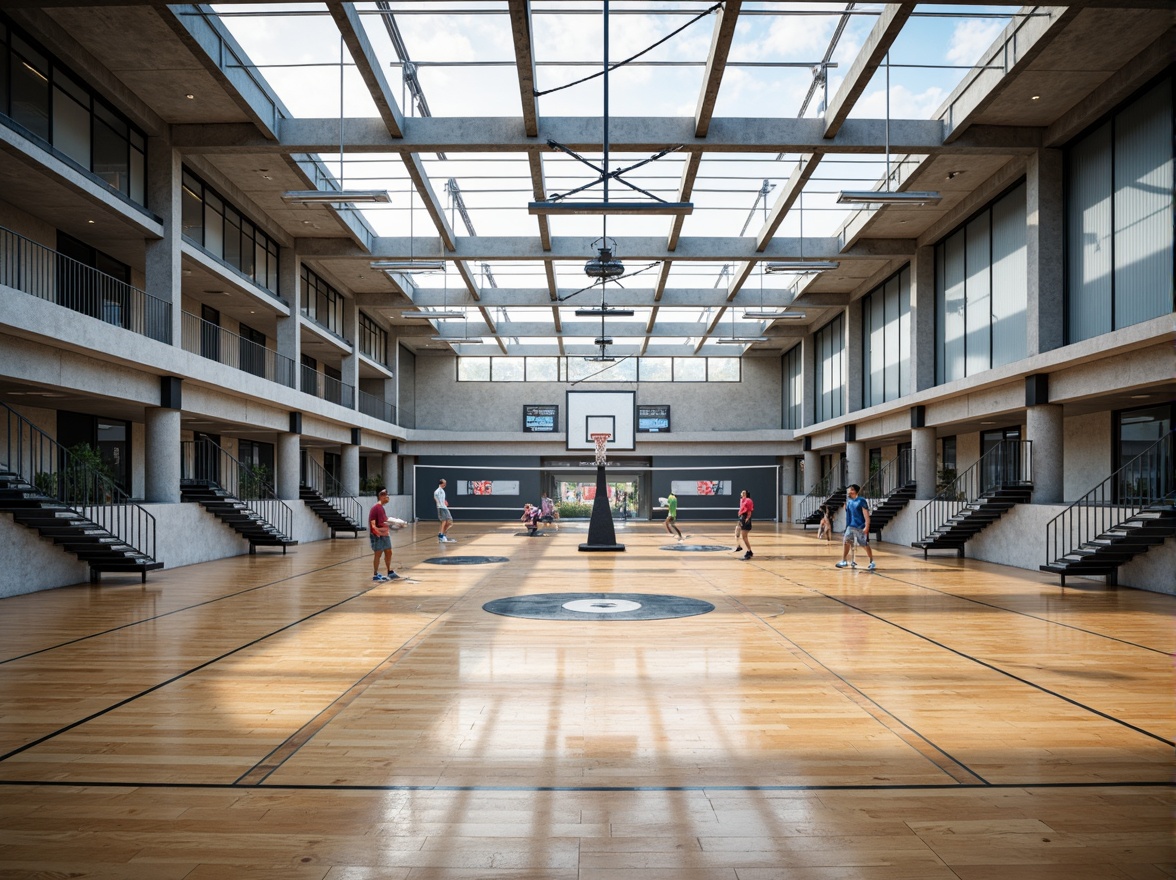 Prompt: Modern gymnasium interior, translucent roof panels, natural daylight filtering, diffused soft lighting, polished wooden floors, athletic equipment silhouettes, suspended basketball hoops, volleyball nets, scoreboard displays, minimalist steel beams, cantilevered staircases, open-plan layout, ventilation systems, sound-absorbing materials, textured concrete walls, LED strip lights, dynamic shadows, shallow depth of field, 1/1 composition, realistic reflections, ambient occlusion.