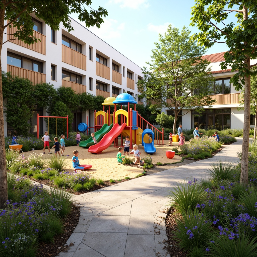 Prompt: Vibrant kindergarten playground, colorful slides, climbing frames, sandbox areas, water play zones, educational signage, natural stone pathways, wooden fencing, modern architecture, large windows, glass doors, blooming flowers, greenery walls, sunny day, soft warm lighting, shallow depth of field, 3/4 composition, panoramic view, realistic textures, ambient occlusion, outdoor classrooms, nature-based learning areas, interactive play equipment, sensory gardens, musical instruments, outdoor art spaces.