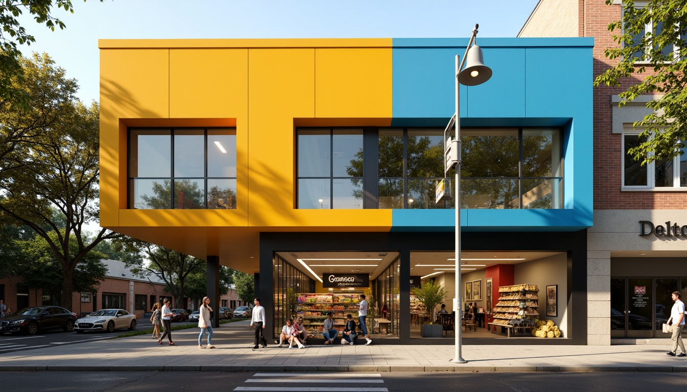 Prompt: Geometric grocery store facade, primary color scheme, functionalist architecture, rectangular forms, clean lines, minimal ornamentation, industrial materials, steel frames, large glass windows, cantilevered canopies, minimalist signage, functional typography, urban context, busy street scene, morning sunlight, high-contrast lighting, 2/3 composition, shallow depth of field, realistic textures, ambient occlusion.