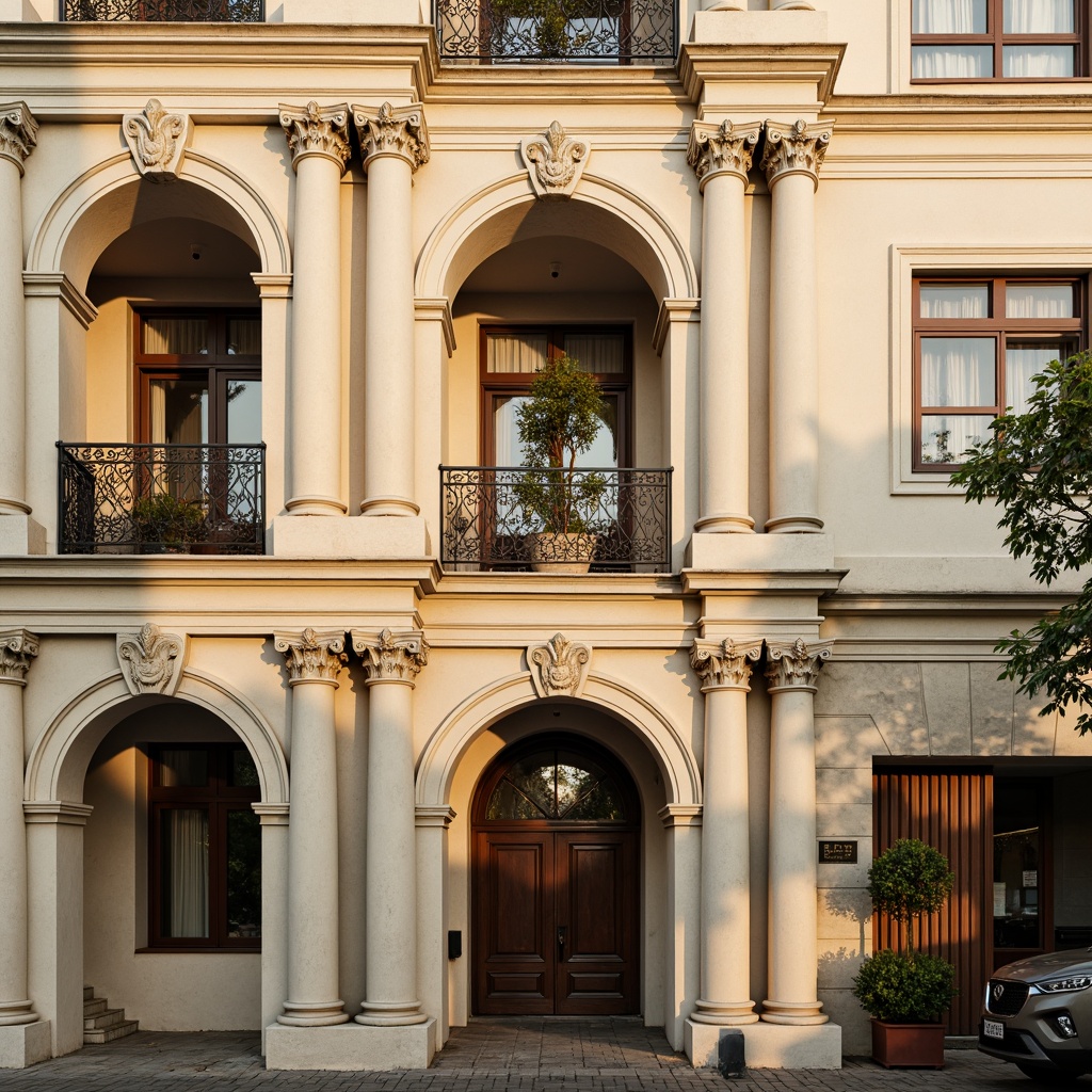 Prompt: Grandiose neoclassical building, ornate facade details, Corinthian columns, decorative pilasters, arched windows, balconies with intricate metalwork, subtle rustication, creamy limestone walls, soft golden lighting, warm beige tones, classic proportions, symmetrical composition, 1/1 aspect ratio, shallow depth of field, realistic stone textures, ambient occlusion.