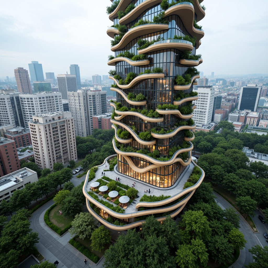 Prompt: Curvaceous skyscraper, organic forms, living walls, lush green roofs, wind turbines, solar panels, rainwater harvesting systems, natural ventilation, recycled materials, low-carbon footprint, futuristic design, angular lines, minimalist aesthetic, urban jungle, cityscape views, overcast skies, soft warm lighting, shallow depth of field, 3/4 composition, panoramic view, realistic textures, ambient occlusion.