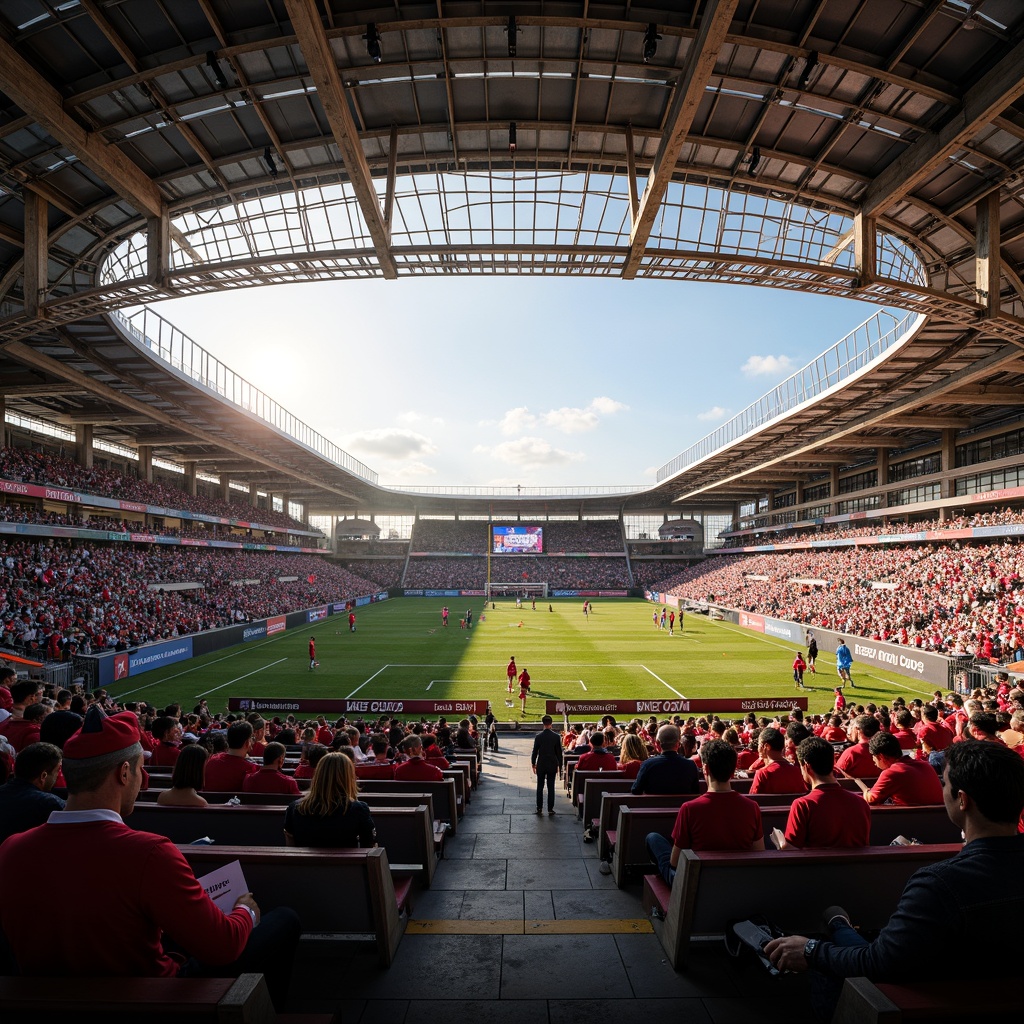 Prompt: Vibrant stadium atmosphere, energetic crowd, dynamic LED lights, bold team colors, metallic accents, sleek modern architecture, curved lines, spacious concourses, natural stone fa\u00e7ade, transparent roofs, open-air design, sunny day, warm golden lighting, shallow depth of field, 1/2 composition, cinematic view, realistic textures, ambient occlusion.Please let me know if this meets your requirements or if I need to make any adjustments!