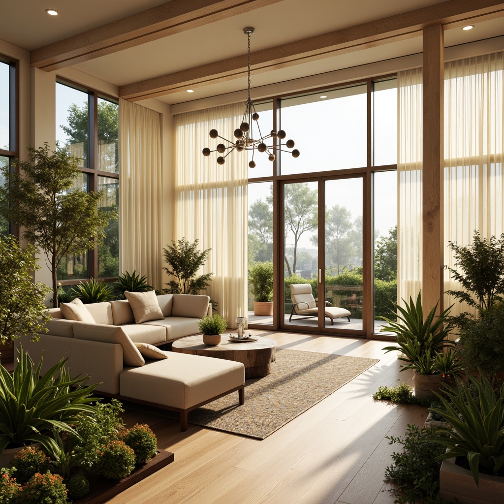 Prompt: Bright interior atmosphere, abundant natural light, large windows, transparent glass doors, sliding panels, minimal window frames, soft warm glow, indirect illumination, subtle shading, ambient occlusion, realistic textures, detailed normal maps, cozy living room, comfortable furniture arrangements, vibrant greenery, blooming flowers, wooden flooring, creamy wall colors, modern minimalist decor, elegant chandeliers, sophisticated lighting fixtures, warm color palette, inviting ambiance.