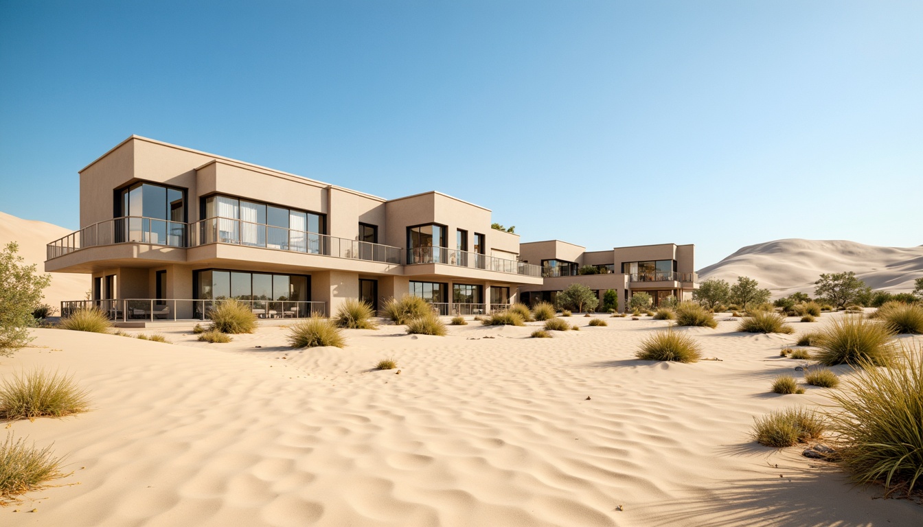 Prompt: Desert landscape, sandy dunes, cactus plants, hot sunny day, clear blue sky, vast open space, modern desert architecture, large windows, clerestory windows, skylights, transparent glass walls, reflective glass surfaces, minimalist design, sustainable energy solutions, solar panels, wind turbines, water conservation systems, green roofs, eco-friendly materials, innovative cooling technologies, shaded outdoor spaces, misting systems, Arabic-inspired patterns, vibrant colorful textiles, intricate geometric motifs, natural stone fa\u00e7ade, earthy color palette, organic shapes, curved lines, cantilevered structures, panoramic views, soft warm lighting, shallow depth of field, 3/4 composition.