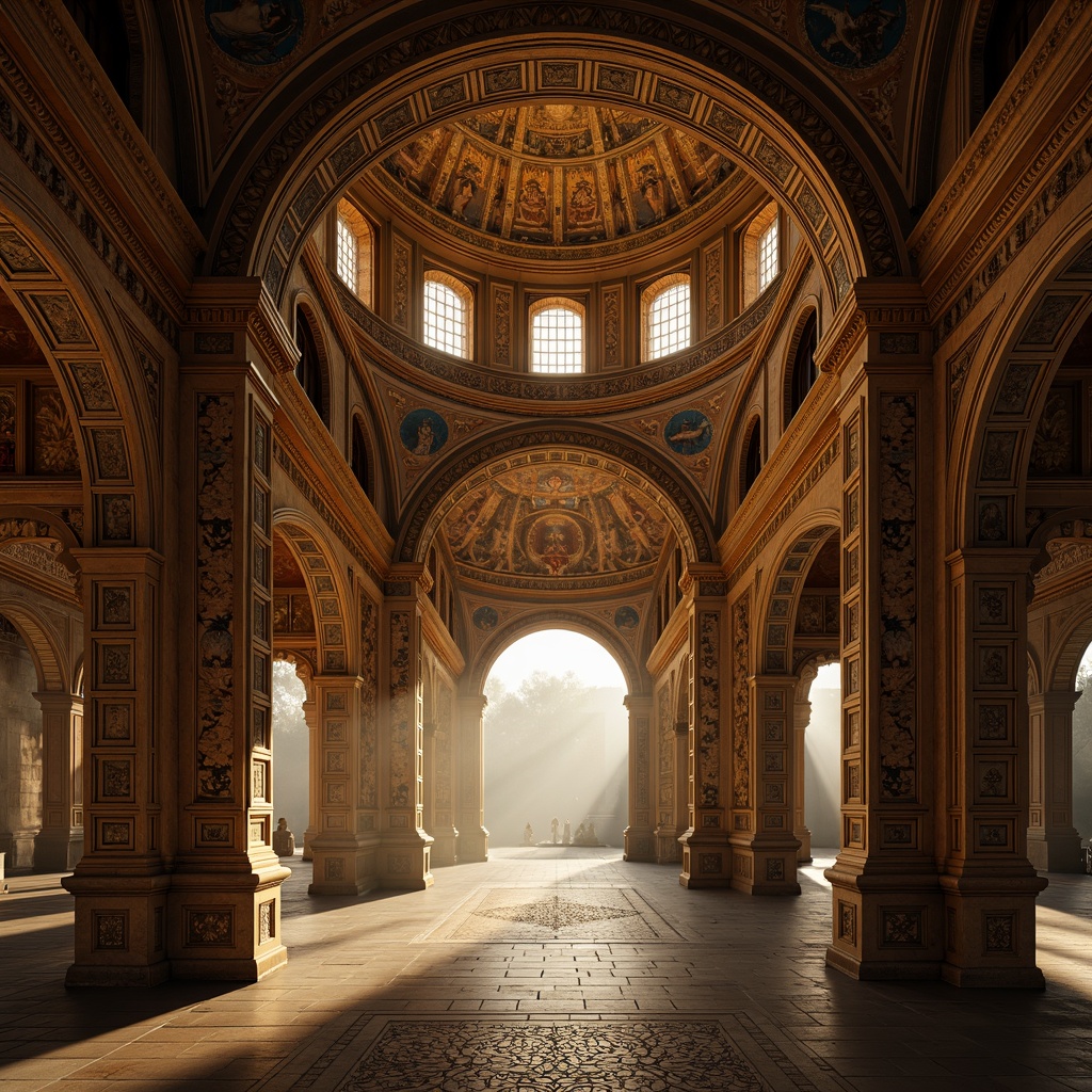 Prompt: Intricate archways, ornate carvings, golden mosaics, richly patterned textiles, grand domes, majestic vaulted ceilings, elaborate stone capitals, ornamental columns, lavish frescoes, dramatic lighting, mysterious ambiance, historic landmarks, ancient ruins, atmospheric mist, warm golden hour, shallow depth of field, 2/3 composition, symmetrical framing, high contrast, vivid colors.