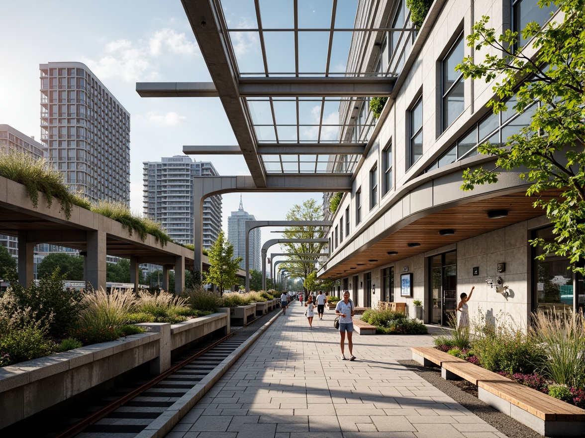 Prompt: Vibrant train station, lush green roofs, living walls, natural stone platforms, modern architecture, sleek metal beams, large glass ceilings, abundant sunlight, soft warm lighting, shallow depth of field, 3/4 composition, panoramic view, realistic textures, ambient occlusion, integrated public art, urban furniture, pedestrian-friendly walkways, bike lanes, accessible ramps, wheelchair-accessible facilities, eco-friendly materials, sustainable energy solutions, rainwater harvesting systems, green spaces, flowerbeds, trees, urban gardens, bustling cityscape, vibrant street art.