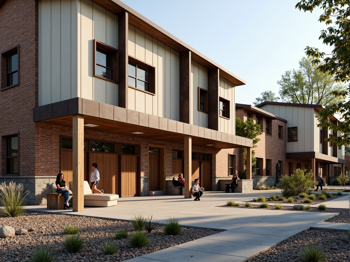 Prompt: Rustic high school building, earthy tone brick facade, weathered steel accents, wooden doorways, metal roofing, corrugated siding, stone foundation, natural stucco walls, decorative trims, exposed ductwork, industrial-style lighting, gravel courtyard, mature trees, sunny afternoon, soft warm lighting, shallow depth of field, 3/4 composition, panoramic view, realistic textures, ambient occlusion.