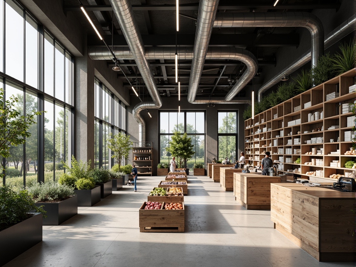 Prompt: Industrial-chic Bauhaus grocery store, exposed ductwork, polished concrete floors, minimalist shelving, reclaimed wood accents, pendant lighting fixtures, matte metal surfaces, monochromatic color scheme, abundant natural light, floor-to-ceiling windows, clerestory windows, soft diffused lighting, LED strips, under-shelf lighting, warm white tones, 1/2 composition, shallow depth of field, realistic textures, ambient occlusion.