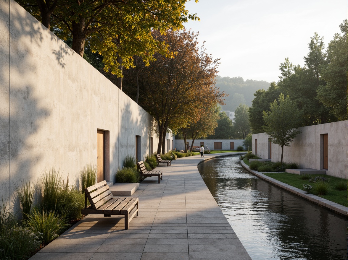 Prompt: Sleek riverbank, minimalist limestone walls, serene water reflections, sparse greenery, natural stone pathways, weathered wooden benches, industrial metal railings, subtle ambient lighting, shallow depth of field, 2/3 composition, panoramic view, realistic textures, ambient occlusion, gentle water ripples, calm atmosphere, soft warm tones, earthy color palette, rustic accents, modern simplicity.