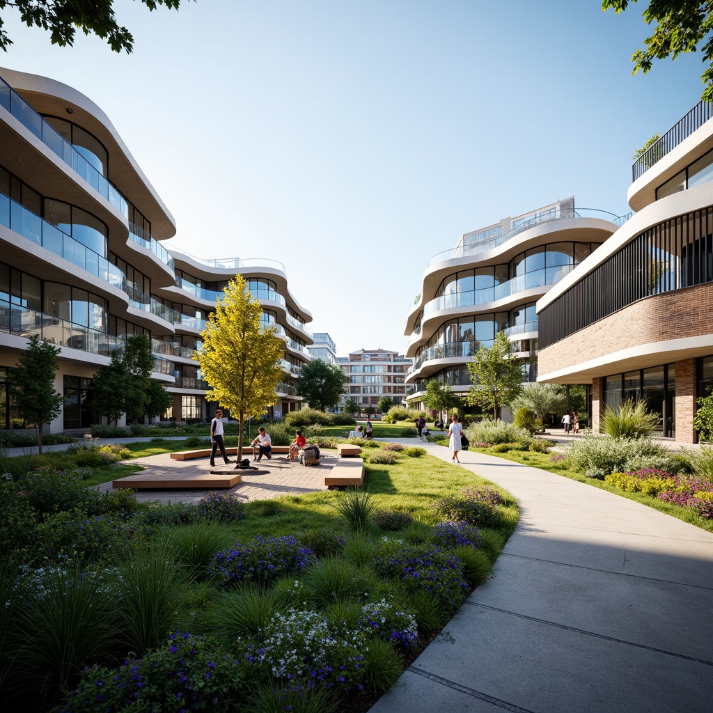 Prompt: Unified campus landscape, modern academic buildings, curved glass facades, natural stone cladding, cantilevered rooflines, green roofs, solar panels, outdoor learning spaces, collaborative seating areas, wooden benches, lush vegetation, vibrant flowers, shaded walkways, LED pathway lighting, shallow depth of field, 3/4 composition, panoramic view, realistic textures, ambient occlusion.Please let me know if this meets your expectations!