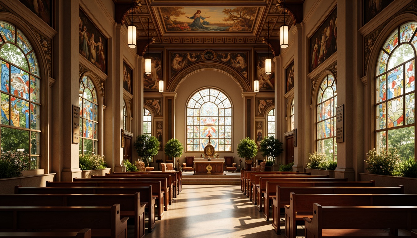 Prompt: Sacred church interior, soft warm lighting, calming atmosphere, elegant wooden pews, ornate stained glass windows, majestic altar, vibrant frescoes, intricate stone carvings, serene natural surroundings, lush greenery, blooming flowers, peaceful ambiance, gentle warm colors, earthy tones, rich wood accents, subtle gold details, inspirational quotes, devotional symbols, reverent mood, 1/1 composition, shallow depth of field, realistic textures, ambient occlusion.