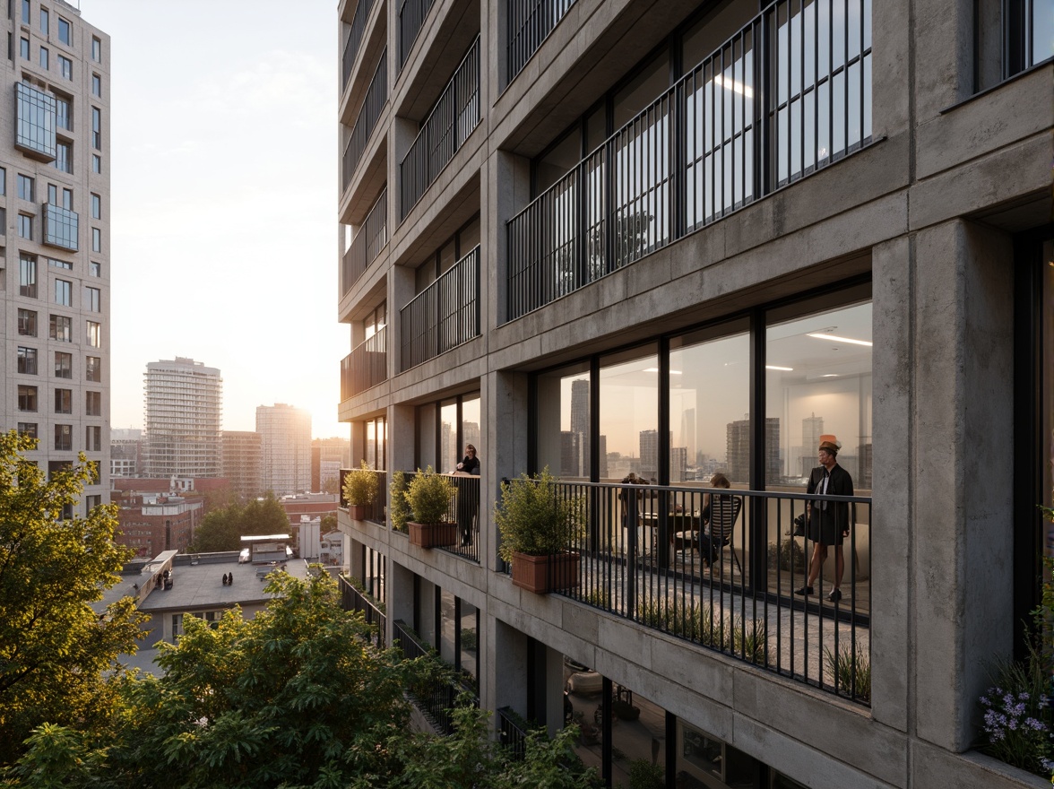 Prompt: Urban apartment building, structured fa\u00e7ade, modernist architecture, rectangular grid patterns, clean lines, minimal ornamentation, industrial materials, exposed concrete, steel frames, floor-to-ceiling windows, sliding glass doors, balconies with metal railings, lush greenery, potted plants, urban skyline views, warm afternoon lighting, shallow depth of field, 1/1 composition, realistic textures, ambient occlusion.