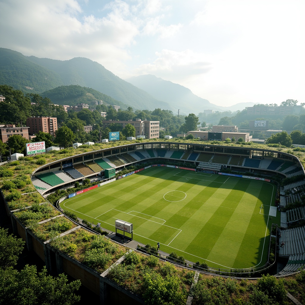 Prompt: Vibrant stadium design, undulating green roofs, lush vegetation walls, natural stone facades, curved lines, sweeping arches, cantilevered structures, panoramic views, mountainous backdrop, misty atmosphere, soft warm lighting, shallow depth of field, 3/4 composition, realistic textures, ambient occlusion, dynamic spectator seating, flexible event spaces, eco-friendly materials, rainwater harvesting systems, grey water reuse, innovative irrigation methods.