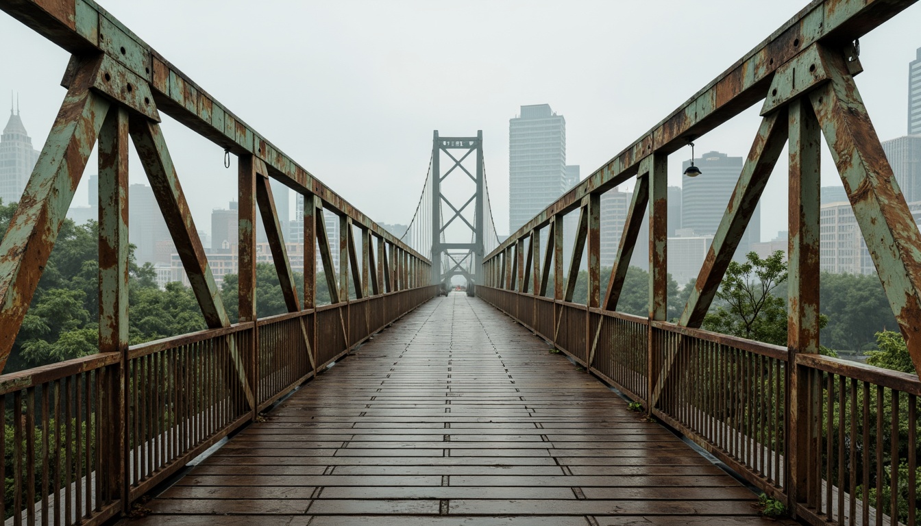 Prompt: Rustic steel bridges, industrial-era aesthetic, weathered metal textures, muted earth tones, sage green accents, warm beige supports, rich brown wooden railings, misty morning atmosphere, soft diffused lighting, atmospheric perspective, subtle gradient effects, realistic rusty patina, intricate cable details, urban cityscape surroundings.