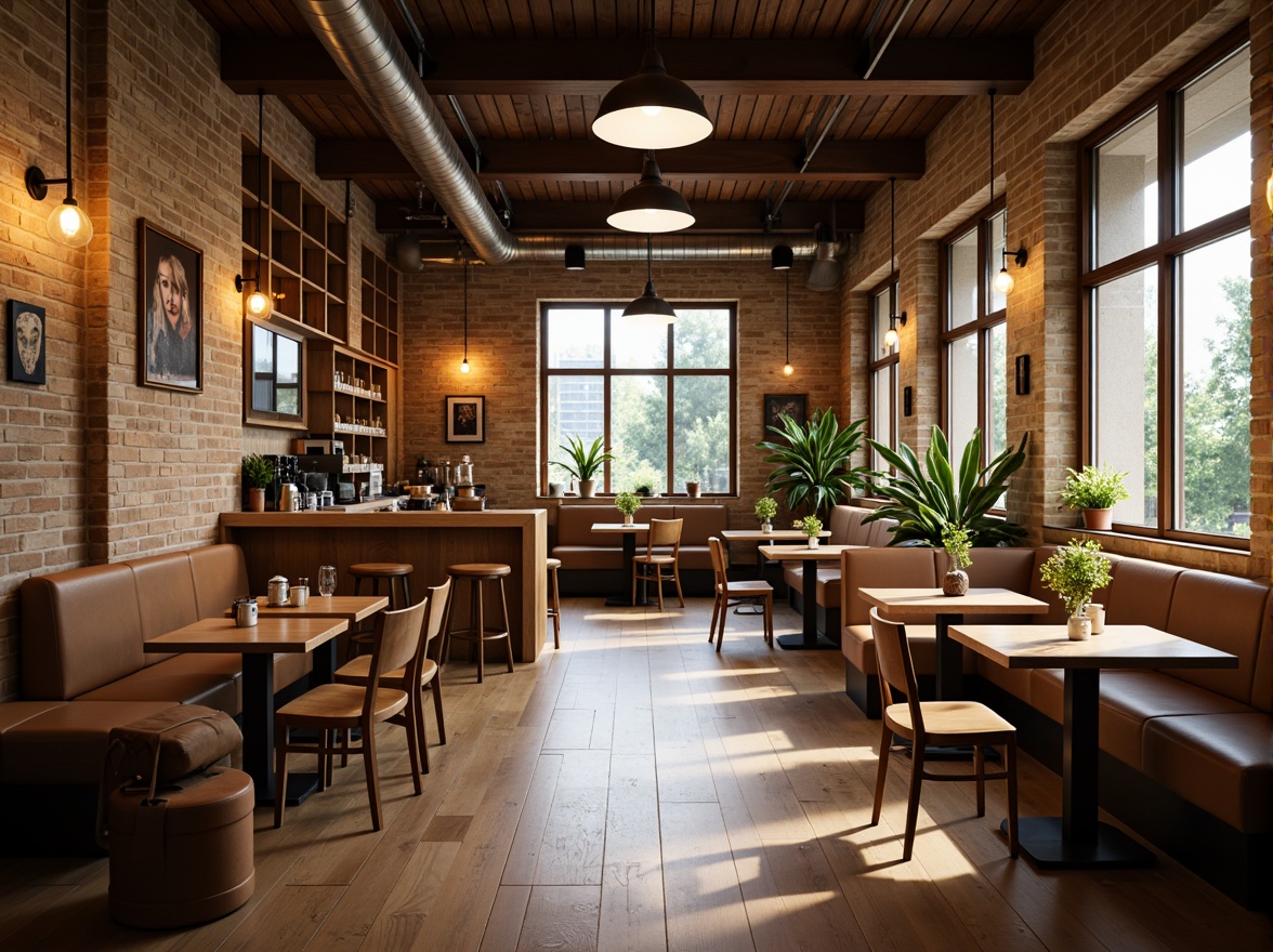 Prompt: Cozy coffee shop, warm wooden accents, comfortable seating areas, rustic brick walls, large windows, natural daylight, soft warm lighting, pendant lamps, metal shades, industrial-chic decor, modern minimalist vibe, creamy color palette, earthy tones, rich textures, ambient occlusion, shallow depth of field, 3/4 composition, realistic materials, inviting atmosphere.