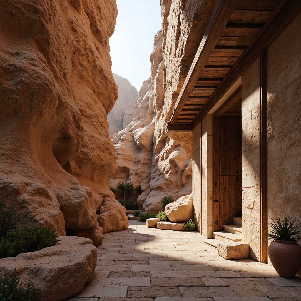 Prompt: Rustic canyon landscape, weathered rock formations, earthy tones, natural stone walls, rough-hewn wooden beams, distressed metal accents, warm desert sunlight, soft shadows, ambient occlusion, shallow depth of field, 3/4 composition, panoramic view, realistic textures, intricate rock patterns, organic architecture, curved lines, natural material blending, subtle color gradients, earthenware-inspired ceramics, woven fiber textiles, rough stone pathways.