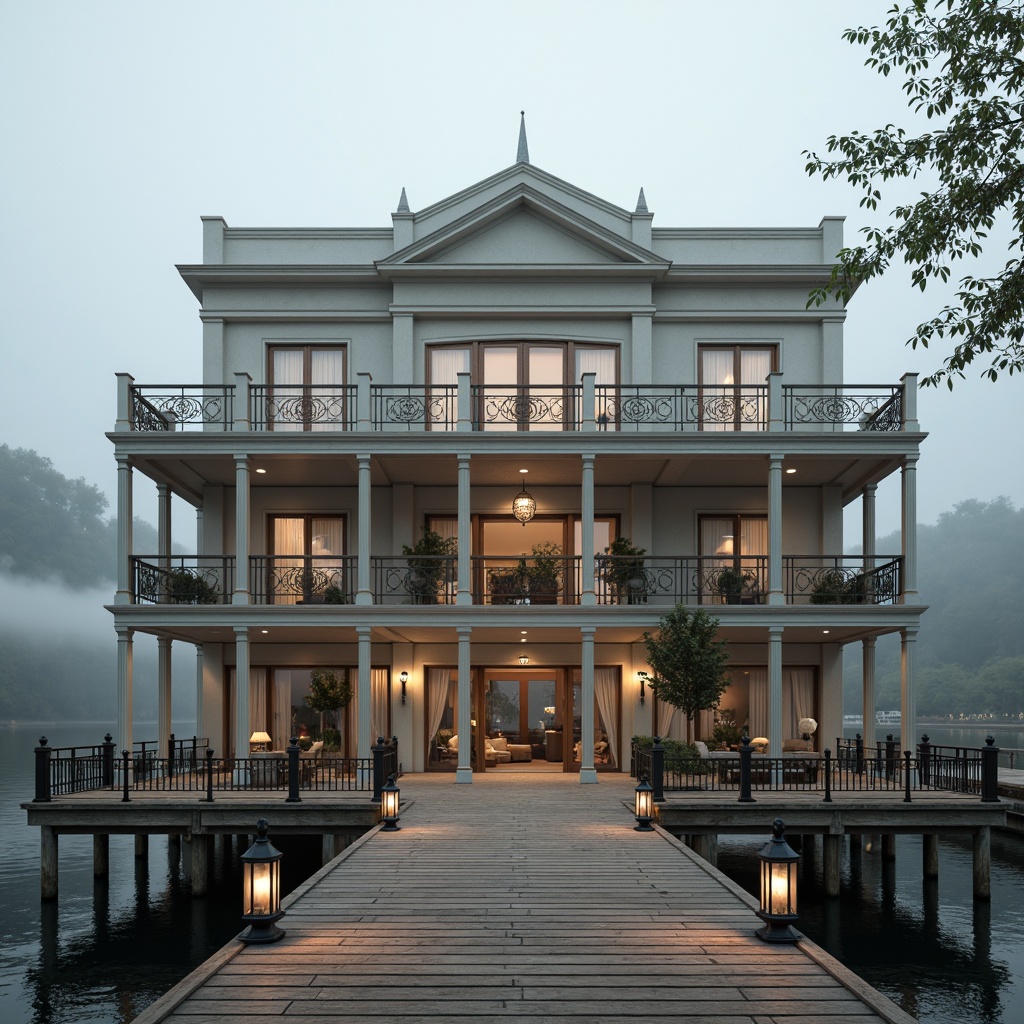 Prompt: Waterfront boathouse, neoclassical facade, symmetrical architecture, grand entrance, ornate columns, elegant balconies, wooden dock, tranquil lake views, misty morning atmosphere, soft warm lighting, shallow depth of field, 1/2 composition, realistic water reflections, ambient occlusion, rustic wooden textures, vintage nautical elements, classic lanterns, ornamental railings.