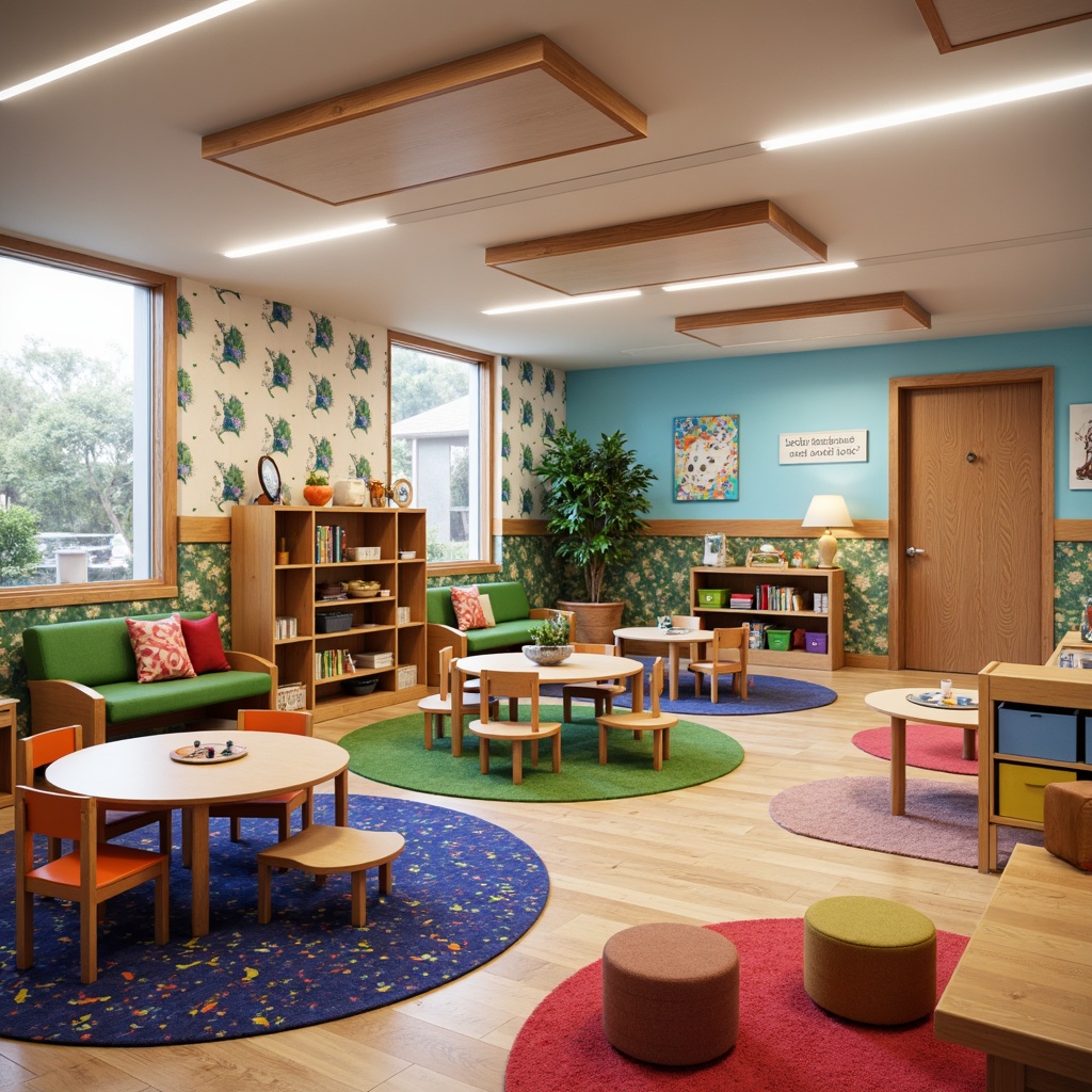 Prompt: Vibrant kindergarten interior, eclectic mix of colors, playful furniture, cozy reading nooks, whimsical wallpaper patterns, textured carpets, natural wood accents, flexible learning spaces, modular shelving units, colorful storage bins, kid-friendly lighting fixtures, circular tables, ergonomic chairs, collaborative workspaces, interactive display walls, sensory stimulation areas, calming corner retreats, soft padded floors, rustic wooden doors, creative art stations, imaginative play zones, inspirational quotes, fun patterned rugs, lively decorative accents.