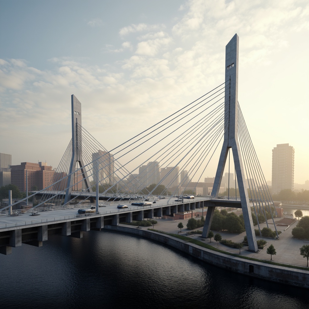 Prompt: Futuristic bridge design, sleek metallic structures, LED lighting systems, solar panels, wind turbines, kinetic energy harvesting, eco-friendly materials, recycled steel beams, minimalist architecture, angular lines, modern urban landscape, city skyline, misty morning atmosphere, soft warm glow, shallow depth of field, 3/4 composition, panoramic view, realistic textures, ambient occlusion.