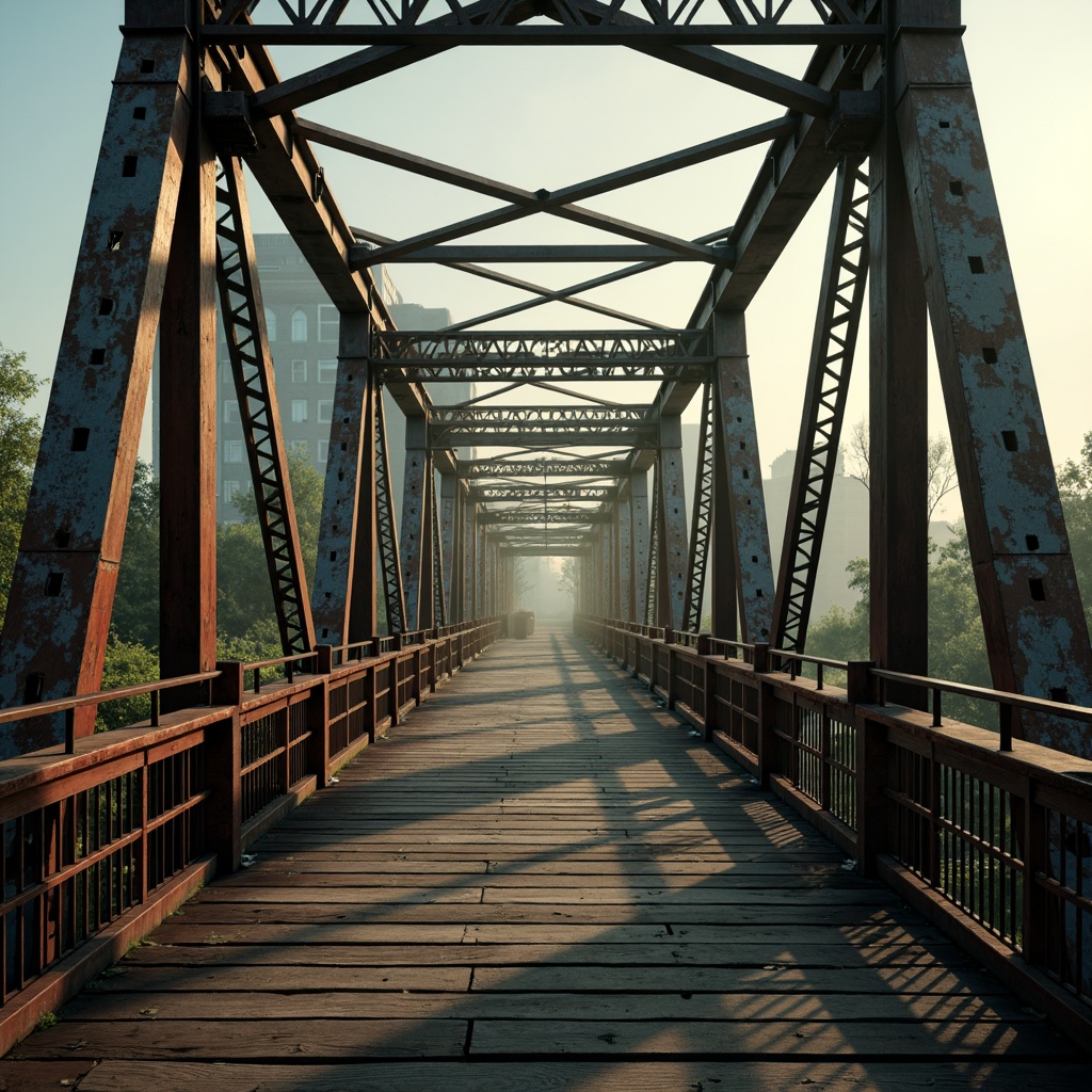 Prompt: Rustic steel bridges, industrial-era aesthetics, worn wooden planks, weathered metal railings, earthy tones, muted grays, blues and greens, faded reds and oranges, warm golden lighting, misty atmospheric effects, shallow depth of field, 1/2 composition, cinematic angles, realistic textures, ambient occlusion.