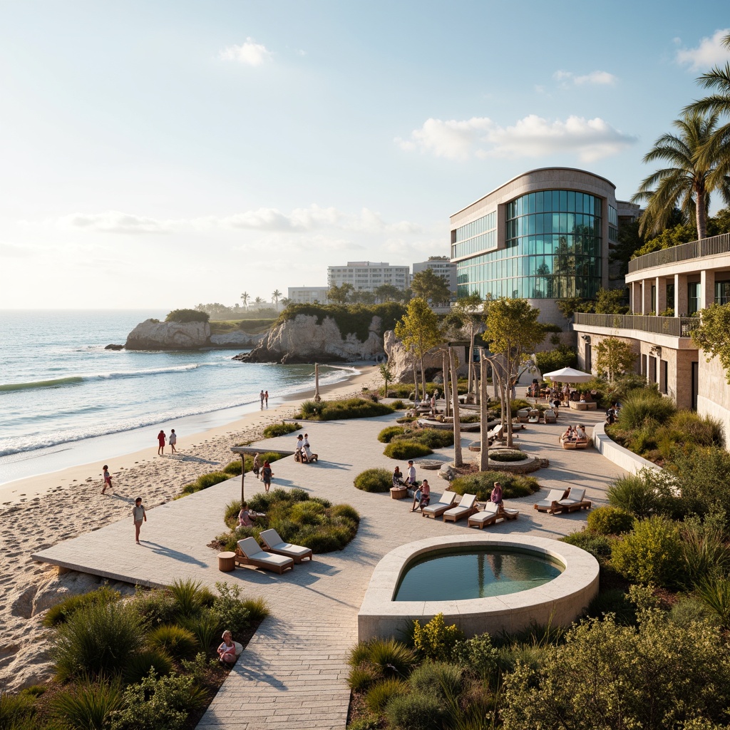 Prompt: Sandy beach, gentle waves, salty air, seaside promenade, coastal vegetation, driftwood structures, weathered wooden decks, nautical ropes, ocean-inspired architecture, curved lines, blue-green glass facades, shell-shaped roofs, wind-resistant design, marine-grade materials, tidal pool, wave-cutting edges, salt-tolerant plants, beachside pathways, warm sunny day, soft golden lighting, shallow depth of field, 1/2 composition, realistic water effects, ambient occlusion.Please let me know if this meets your requirements!