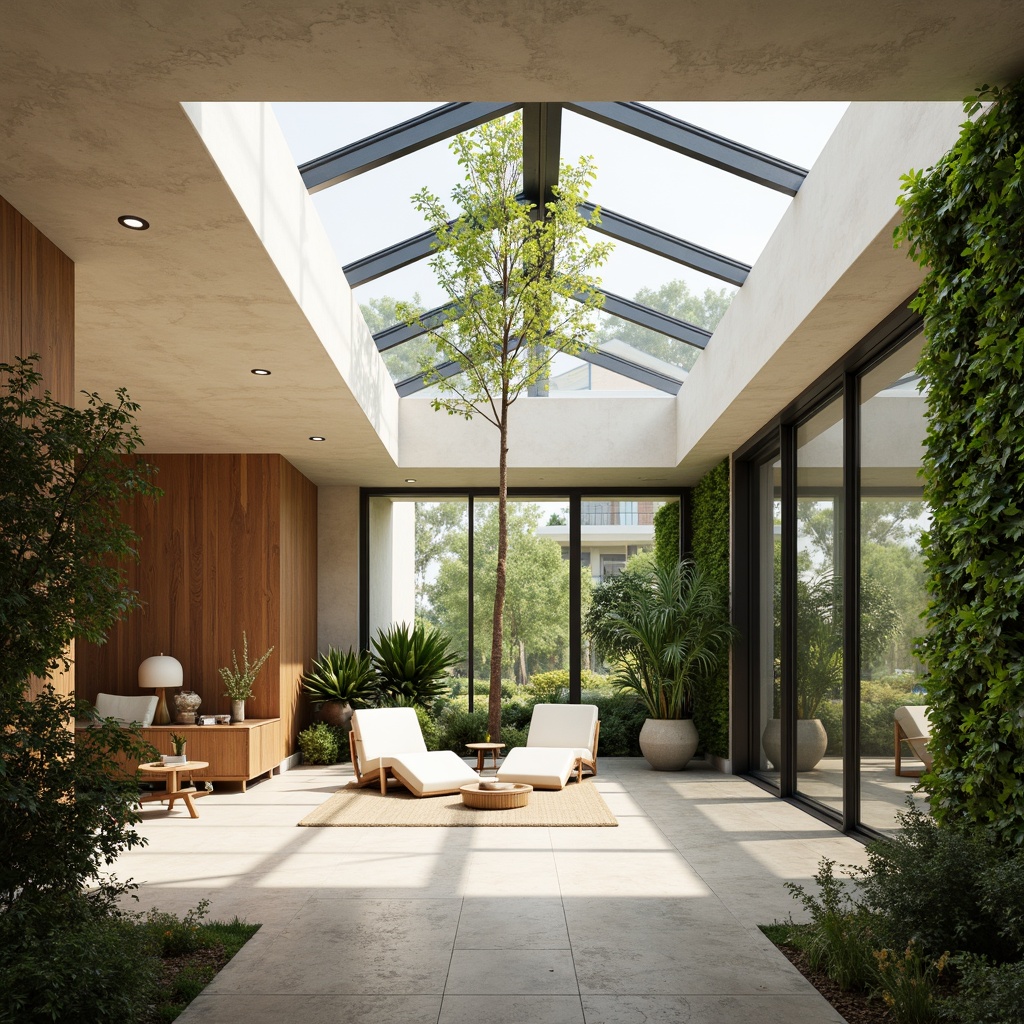 Prompt: Bright airy interior, large windows, sliding glass doors, natural stone floors, wooden accents, lush green walls, living plants, minimal obstruction, open floor plan, high ceilings, clerestory windows, skylights, soft warm lighting, diffused sunlight, gentle shadows, 3/4 composition, realistic textures, ambient occlusion.