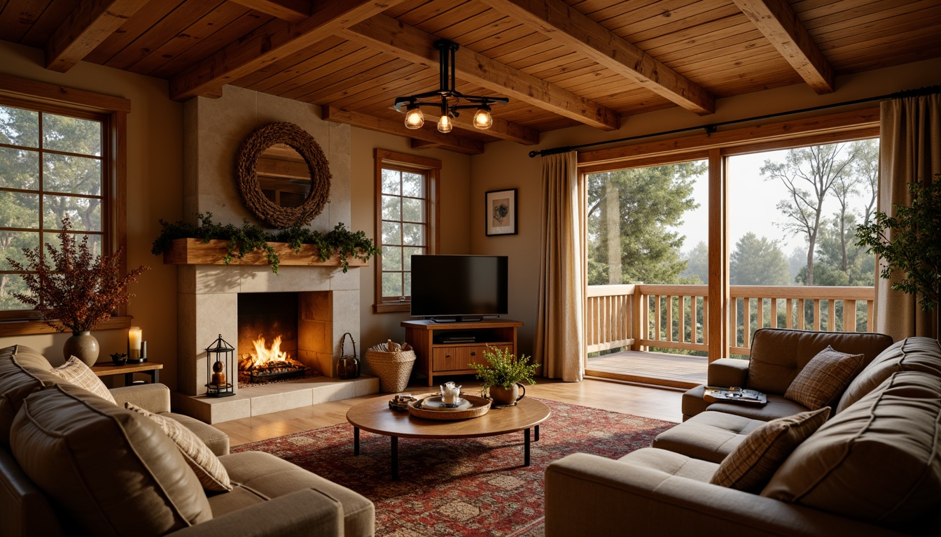 Prompt: Cozy cabin, wooden accents, earthy tones, warm beige walls, comfortable furnishings, soft golden lighting, rustic decorations, natural stone fireplace, plush throw blankets, autumnal leaves, crackling fire sounds, inviting atmosphere, 3/4 composition, shallow depth of field, realistic textures, ambient occlusion.