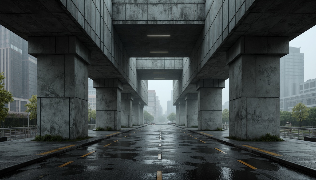 Prompt: Rugged bus station, exposed concrete walls, raw textures, brutalist architecture, angular lines, fortress-like structure, massive pillars, industrial-style lighting, urban cityscape, rainy day, misty atmosphere, high-contrast shadows, dramatic lighting, cinematic composition, symmetrical framing, abstract geometric patterns, cold monochromatic tones, metallic accents, functional minimalism.