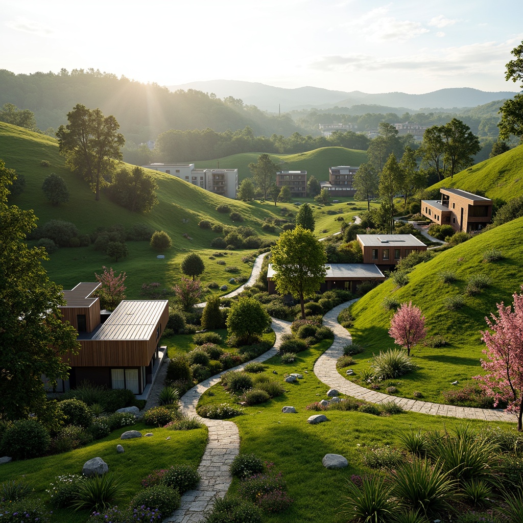 Prompt: Rolling hills, lush greenery, winding pathways, modern buildings, curved lines, natural stone walls, wooden accents, eco-friendly materials, sustainable design, rainwater harvesting systems, grey water reuse, green roofs, living walls, native plant species, blooming flowers, serene atmosphere, soft warm lighting, shallow depth of field, 3/4 composition, panoramic view, realistic textures, ambient occlusion.